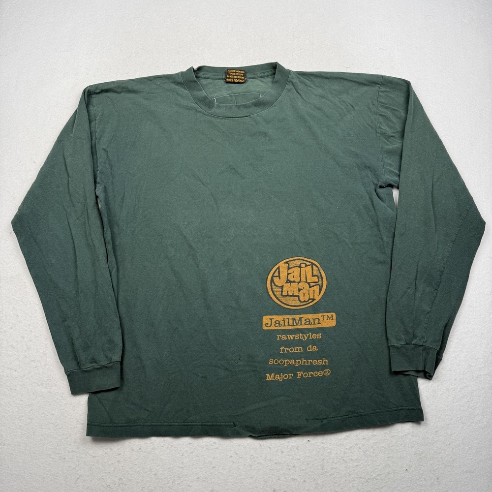 Vintage Major Force JailMan Shirt Mens XL Green Long Sleeve Graphic Hip Hop 90s